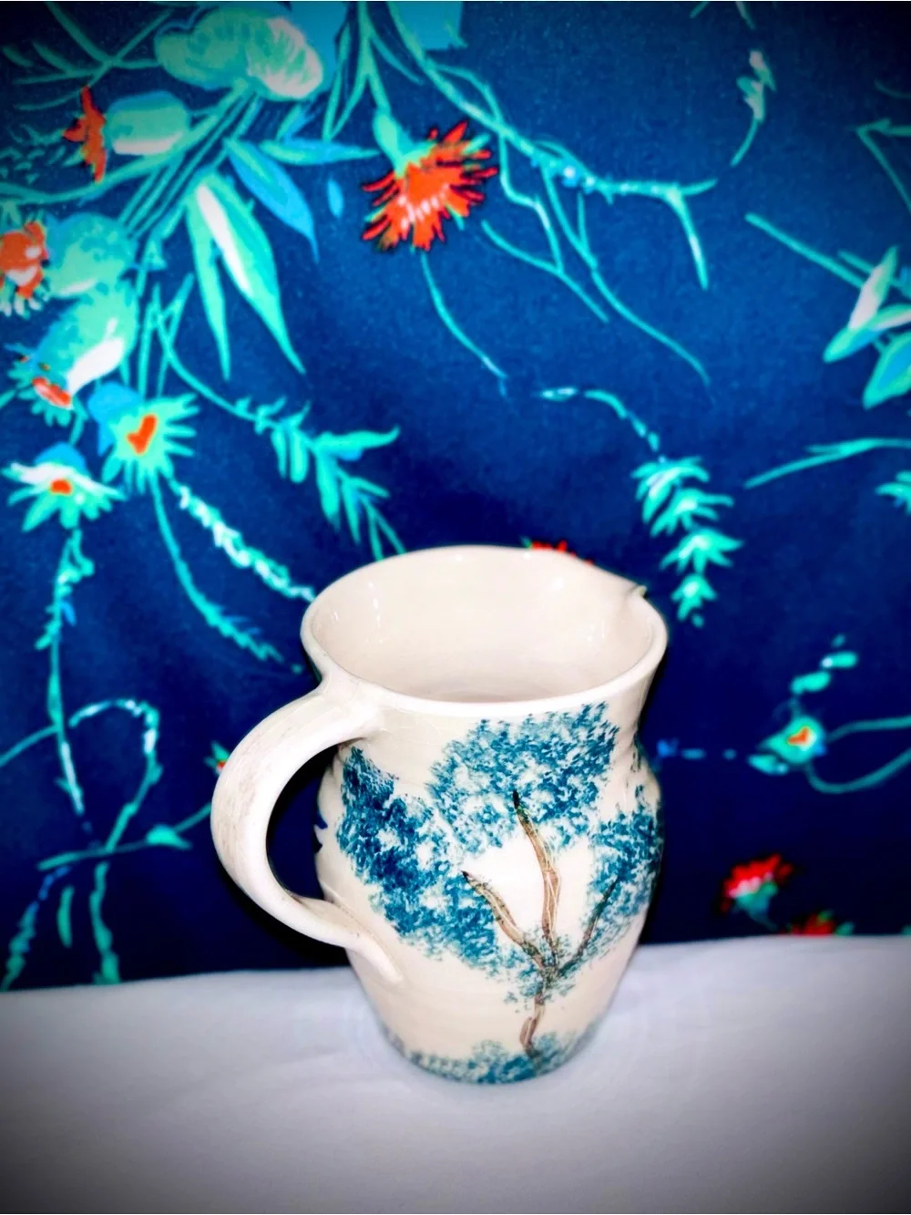 Vtg 1980s Handpainted Folk Stoneware Pitcher w/Rabbit & Forest Scene Design